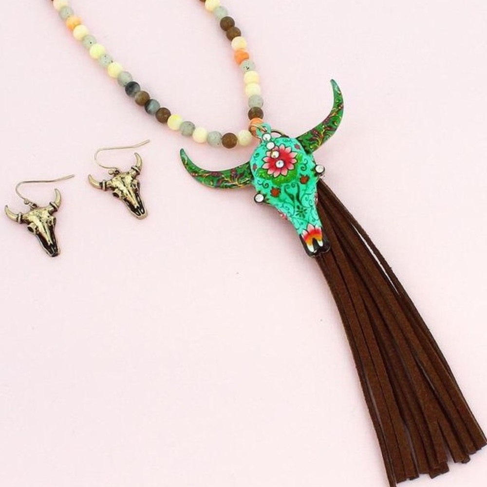 Amazonite Floral Steer Head Skull Tassel Necklace